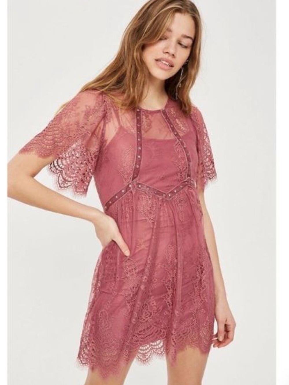 Lace Overlay Flutter-Sleeve Dress in Dusty Rose